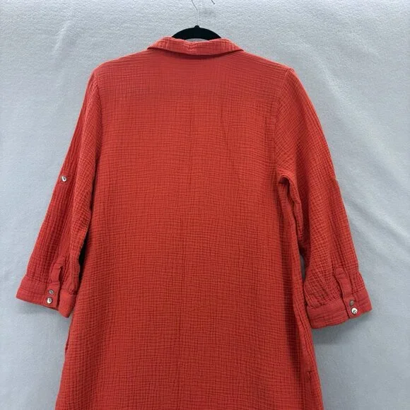 J. Jill Cotton-Gauze Shirtdress in Persimmon Red Orange SZ Small Beachy, Coastal - Picture 7 of 15